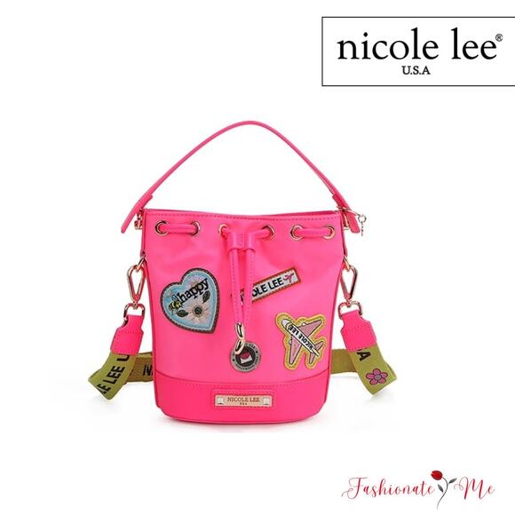 Nicole Lee USA Embroidered Color Patches Drawstring Closure Bucket Bag | Pink - Picture 1 of 14
